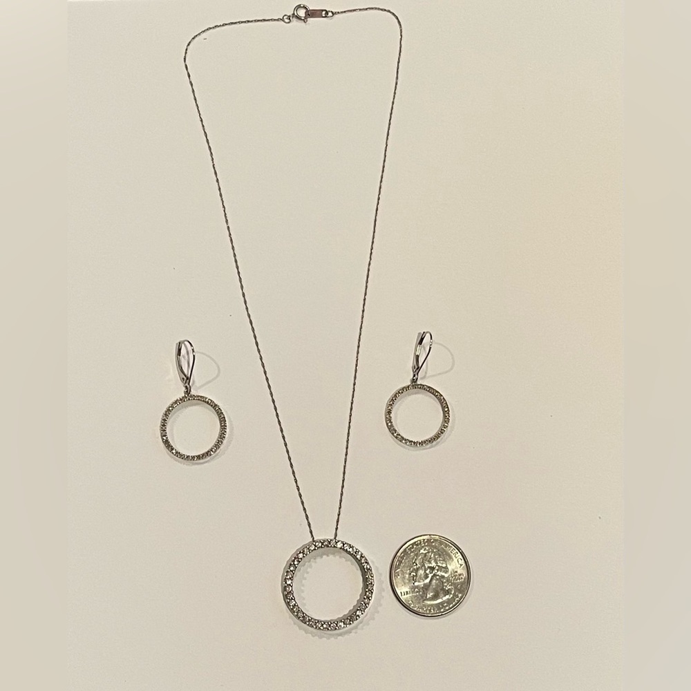 Diamond Circle Pendant Necklace with Matching Diamond Circle Earrings
